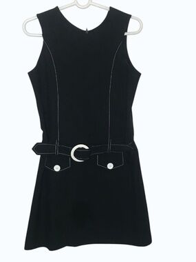 Black Sleeveless Mini Dress Belted Contrast Stitch Size 16 Y2K
